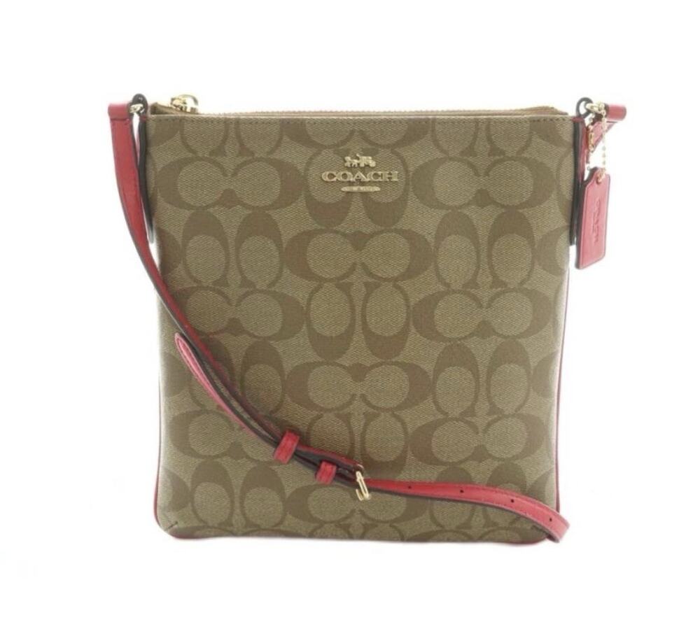 COACH F29210 File Crossbody Bag Signature Canvas Brown True Red Leather Trim